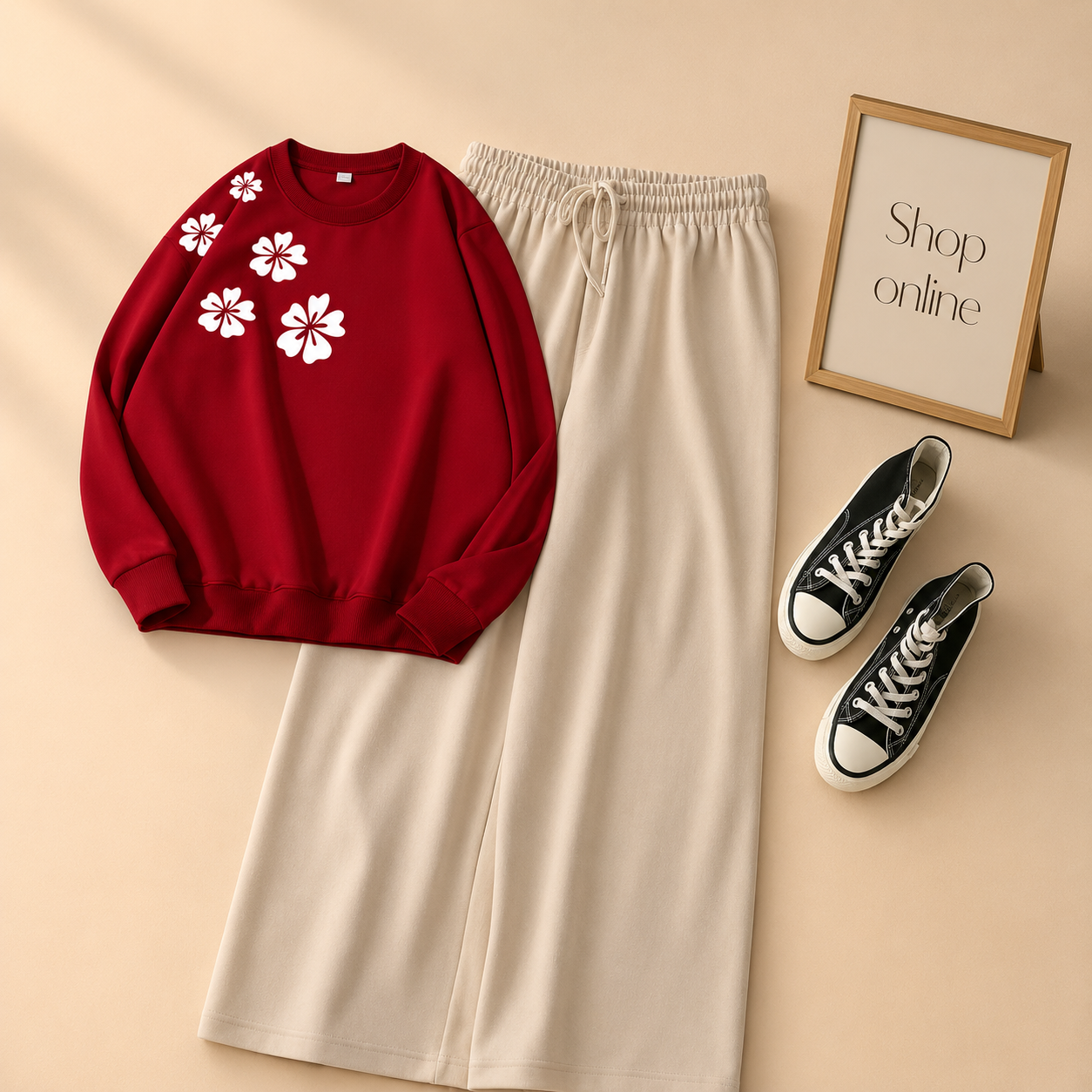FLORAL RED SWEATSHIRT WITH BEIGE FLAPPER