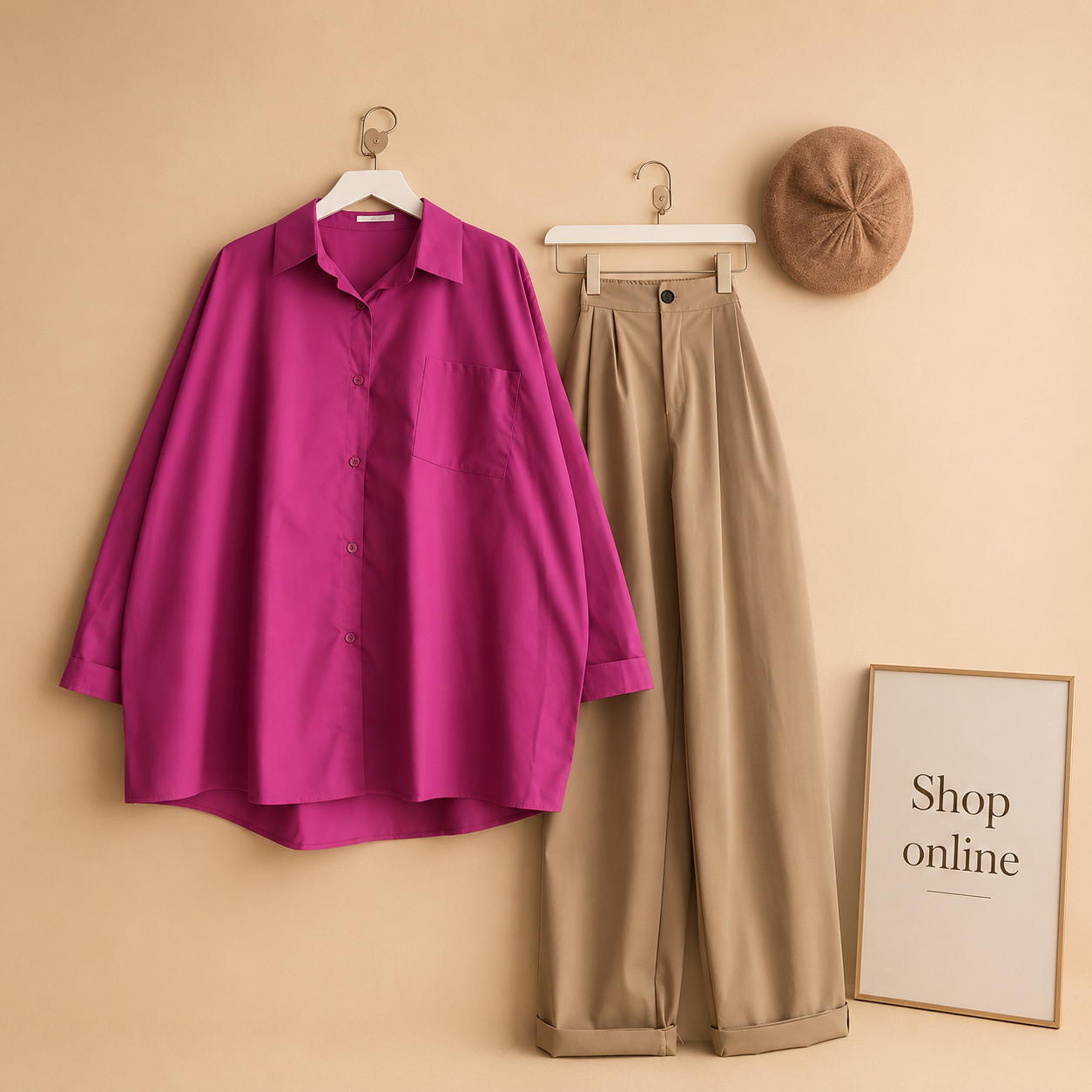 SHOCKING PINK BUTTON SHIRT WITH BEIGE WIDE LEG JEANS
