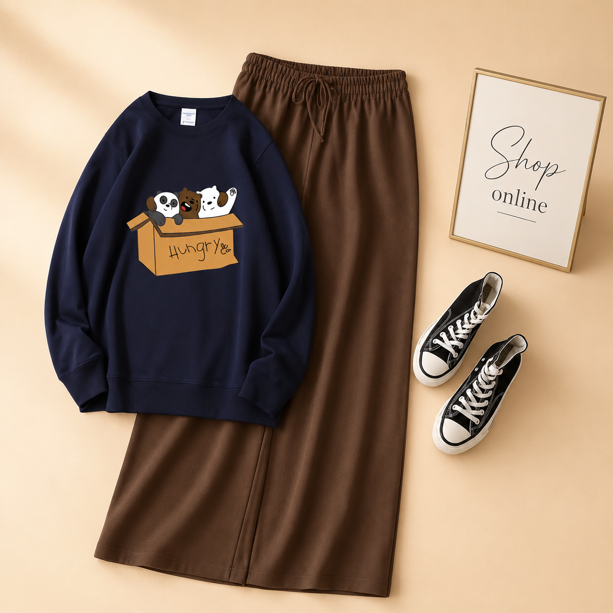 HUNGRY BEAR NAVY BLUE SWEATSHIRT WITH BROWN FLAPPER