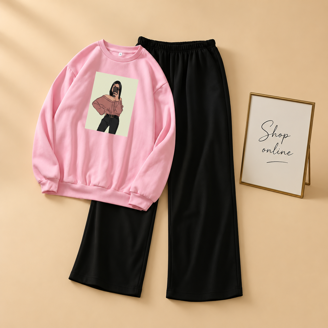 OFF SHOULDER GIRL PINK SWEATSHIRT WITH FLAPPER TROUSER