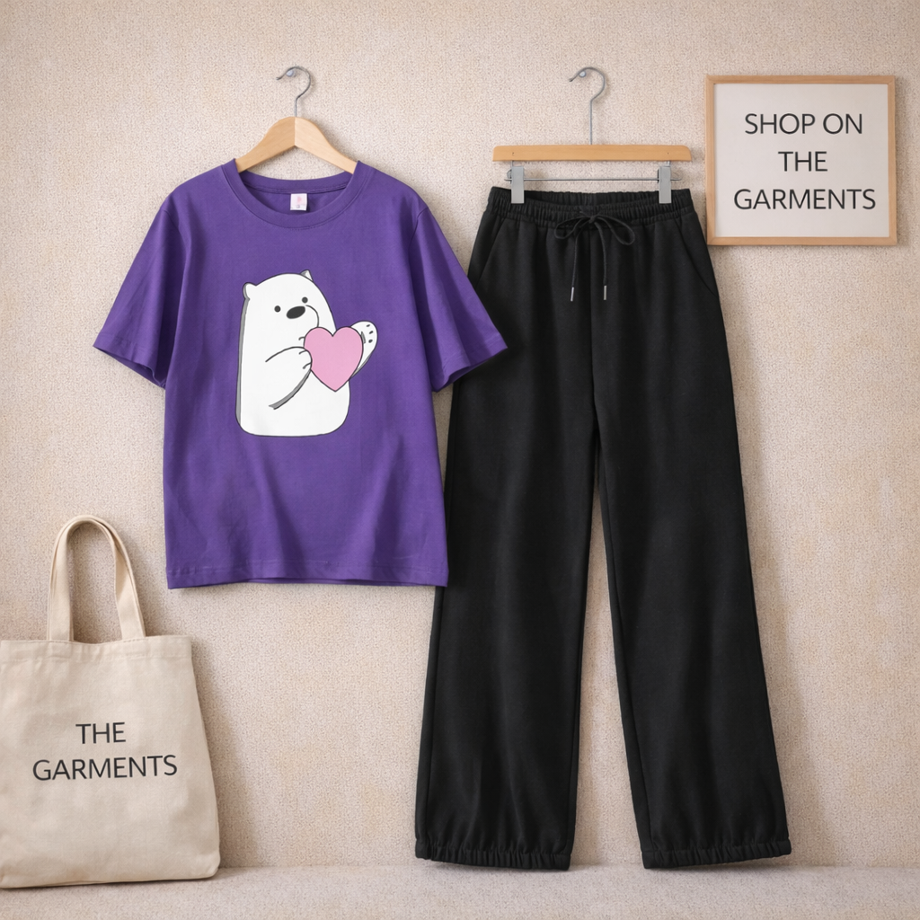 BEAR HEART PURPLE T-SHIRT WITH BLACK FLAPPER TROUSERS