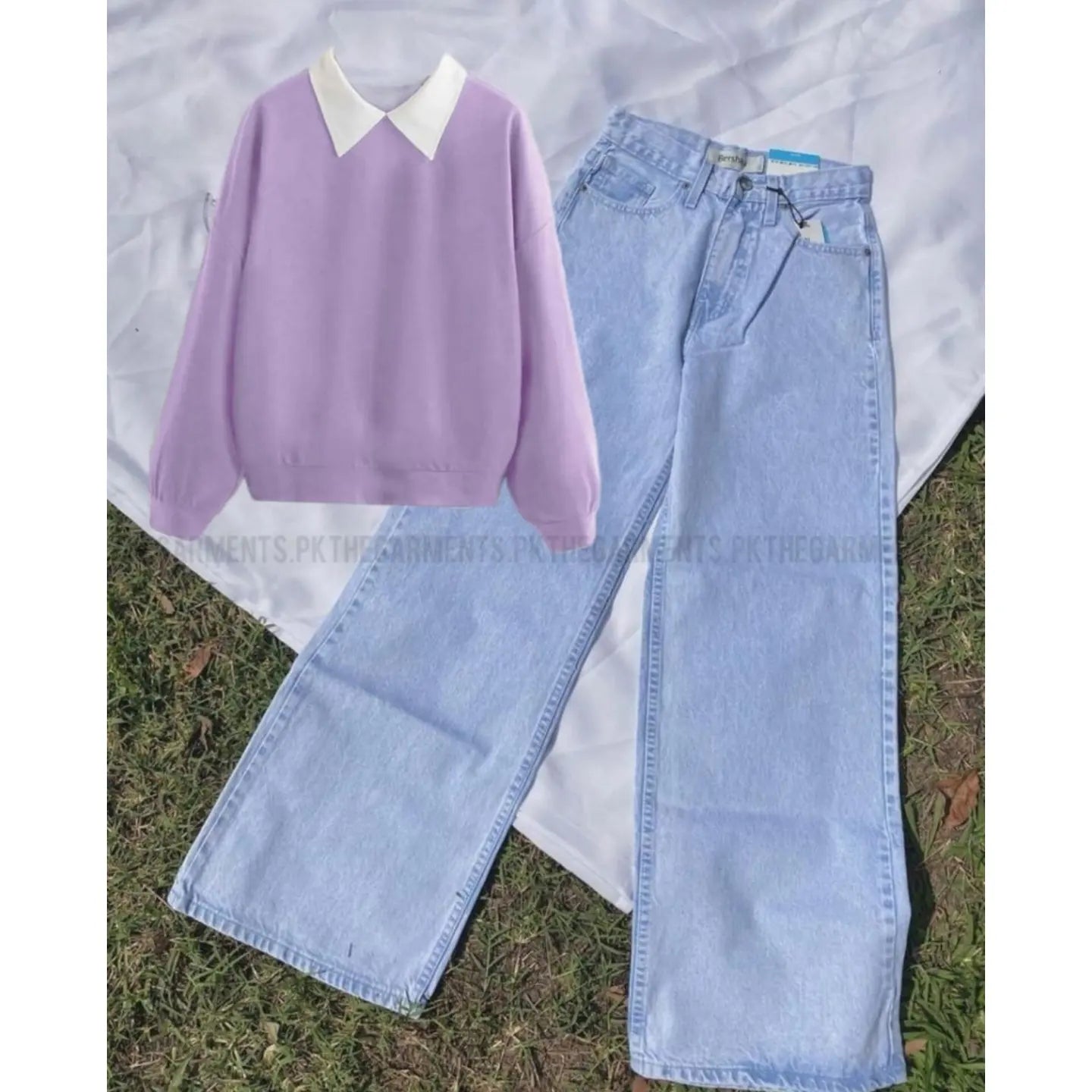 LILAC COLLAR SWEATSHIRT WITH ICE BLUE WIDE LEG JEANS