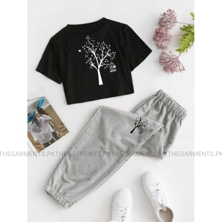 NEW TREE BLACK CROP TSHIRT WITH GREY TROUSER NEW TREE POCKET