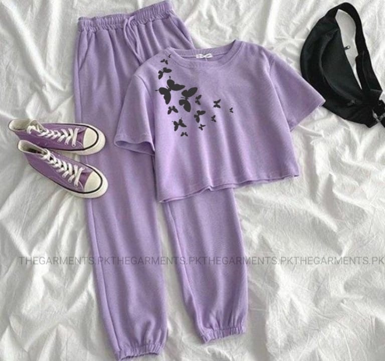 SHOULDER BUTTERFLIES LILAC CROP TSHIRT WITH LILAC TROUSER