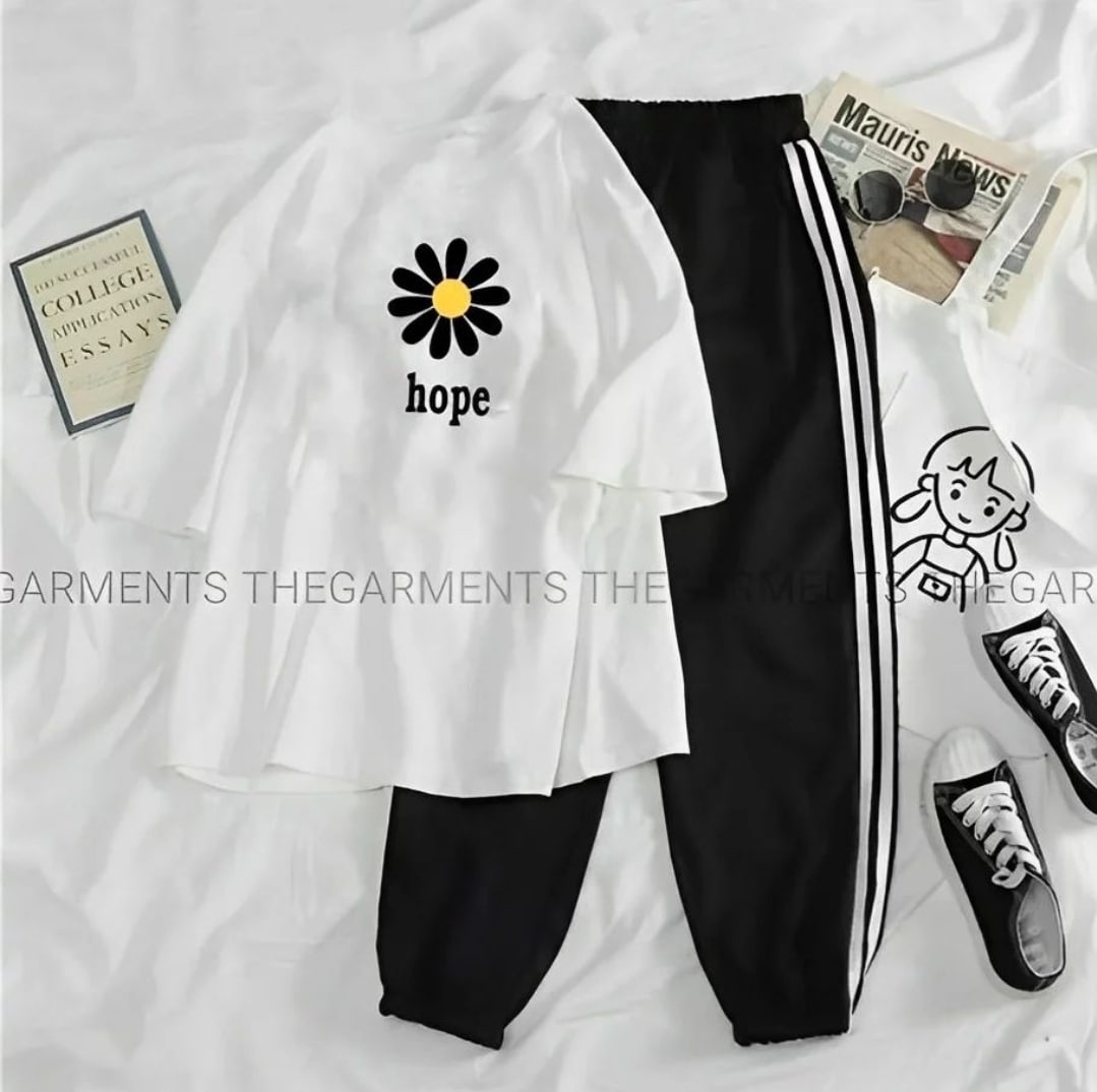 HOPE SUNFLOWER WHITE TSHIRT WITH THREE STRIPE TROUSER