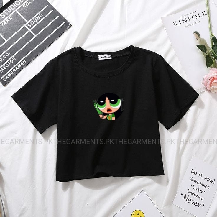 BLACK CROP TSHIRT ( GREEN POWERPUFF IN CENTRE)
