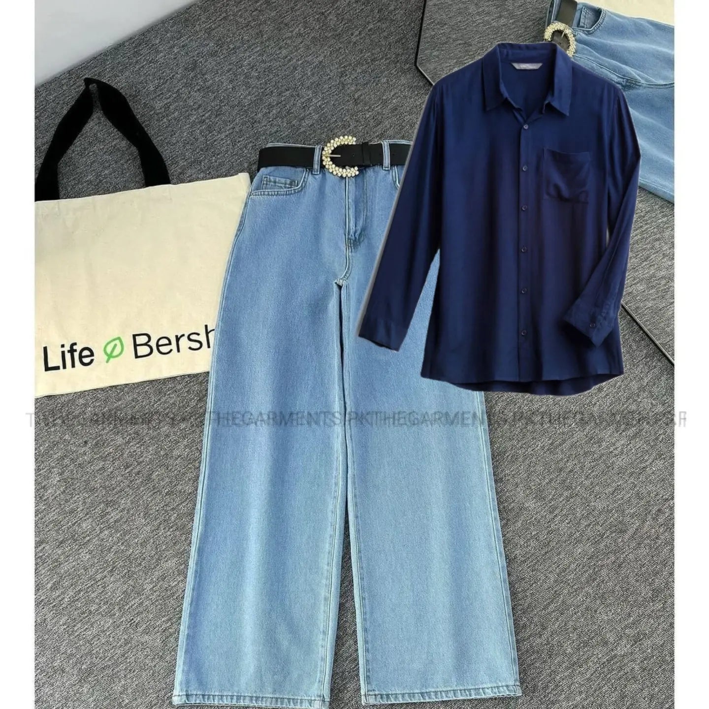 NAVY BLUE BUTTON SHIRT WITH SKY ICY BLUE WIDE LEG JEANS