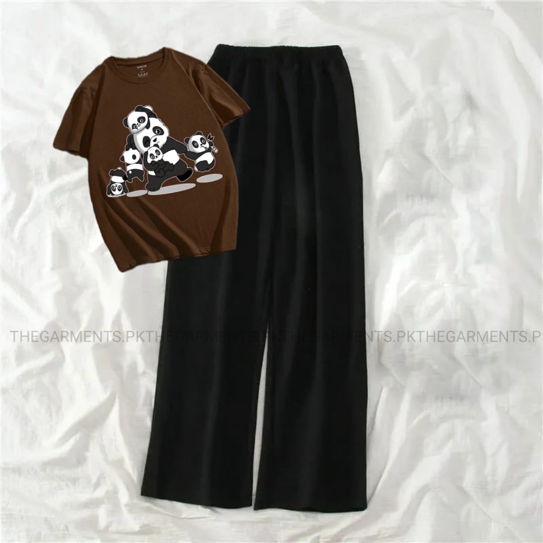PANDA FAMILY DARK BROWN TSHIRT WITH BLACK FLAPPER