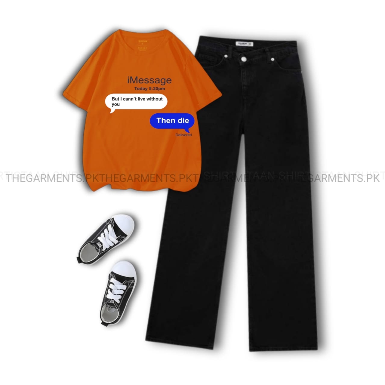 I MESSAGE ORANGE T-SHIRT WITH BLACK WIDE LEG JEANS