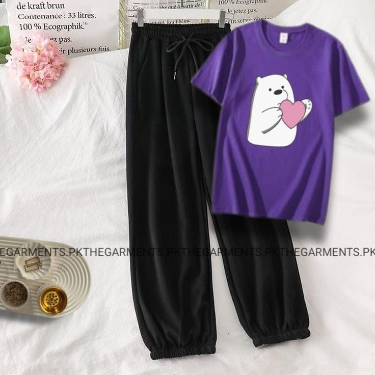 BEAR HEART PURPLE T-SHIRT WITH BLACK TROUSERS