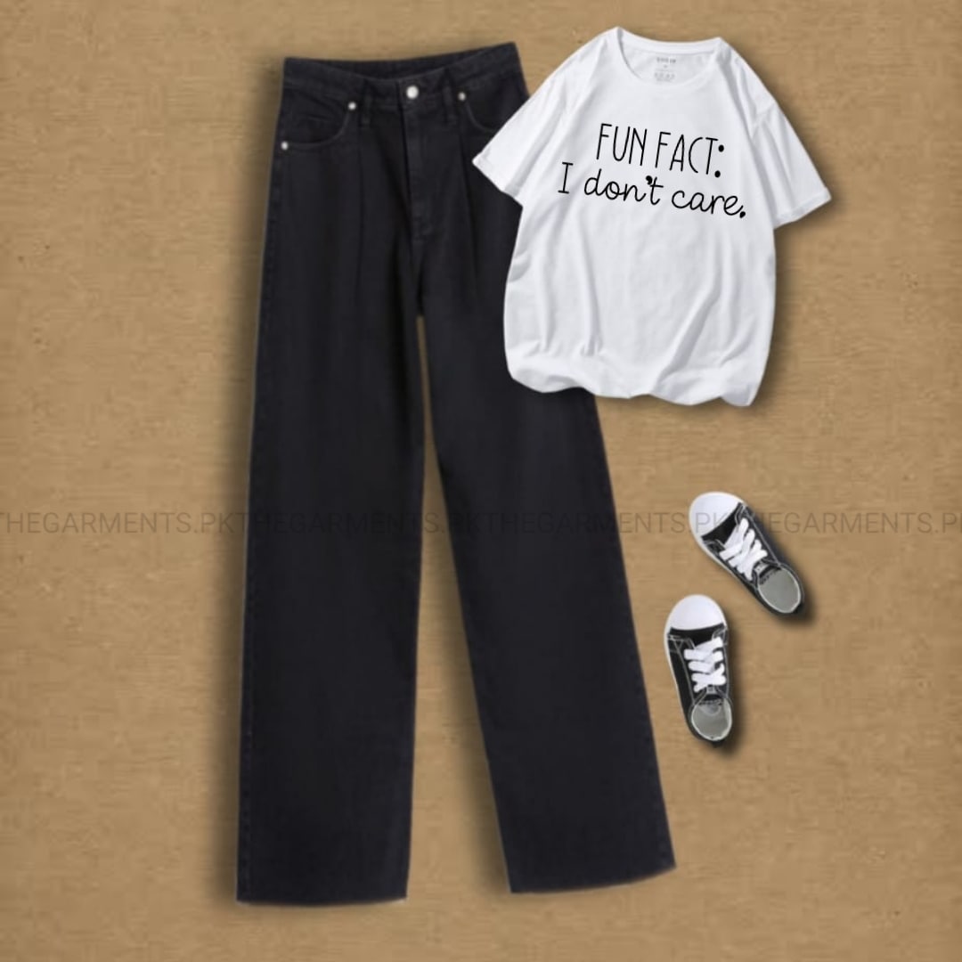 FUN FACT I DONT CARE WHITE TSHIRT WITH BLACK WIDE LEG JEANS