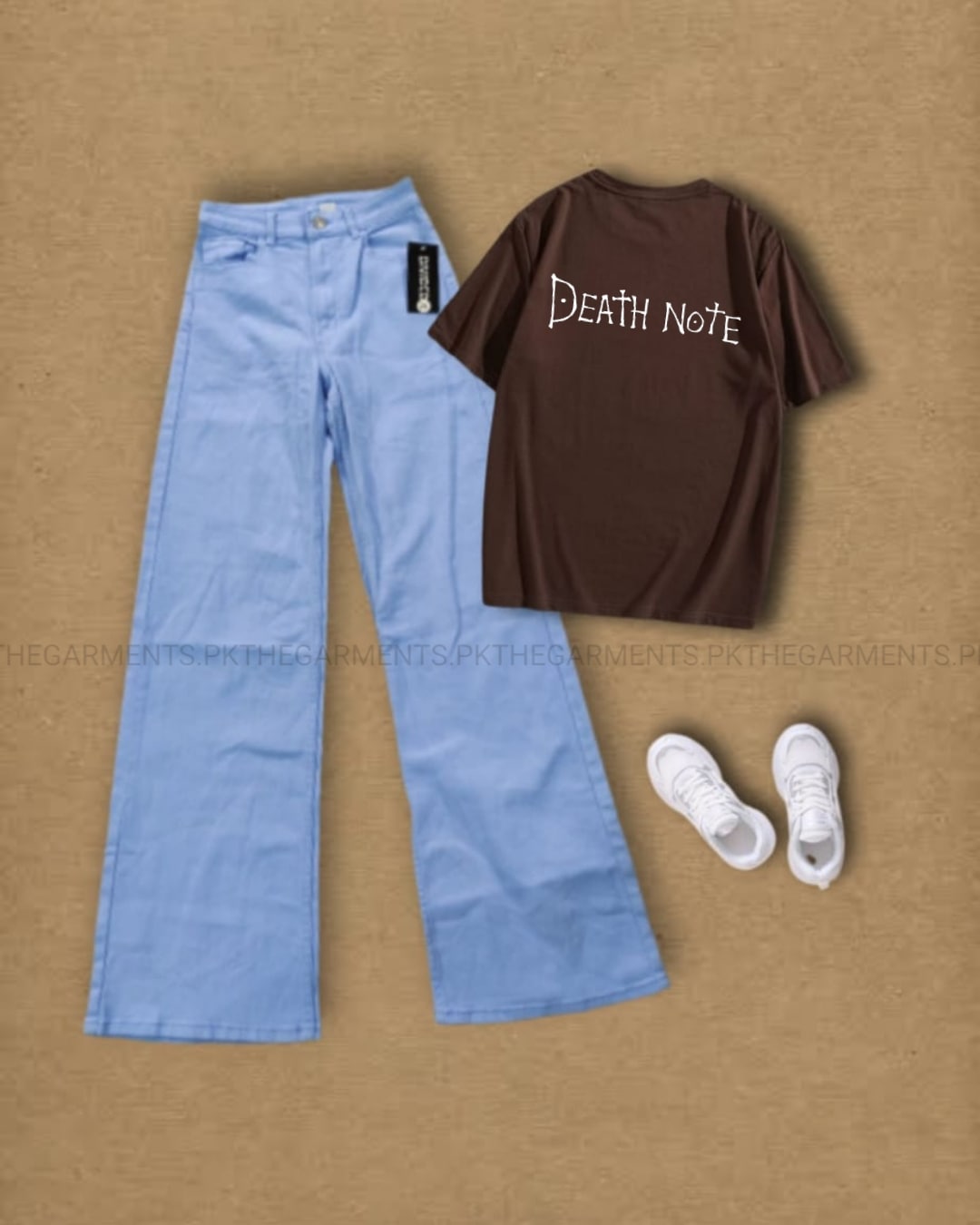 DEATH NOTE DARK BROWN TSHIRT WITH SKY BLUE WIDE LEG JEANS