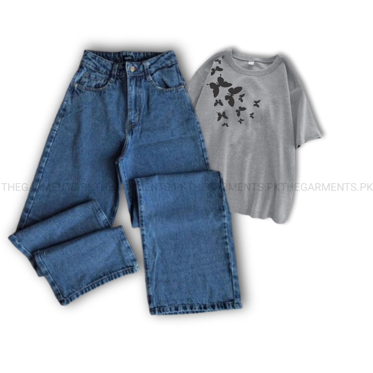 SHOULDER BUTTERFLIES GREY TSHIRT WITH MID DARK BLUE WIDE LEG JEANS