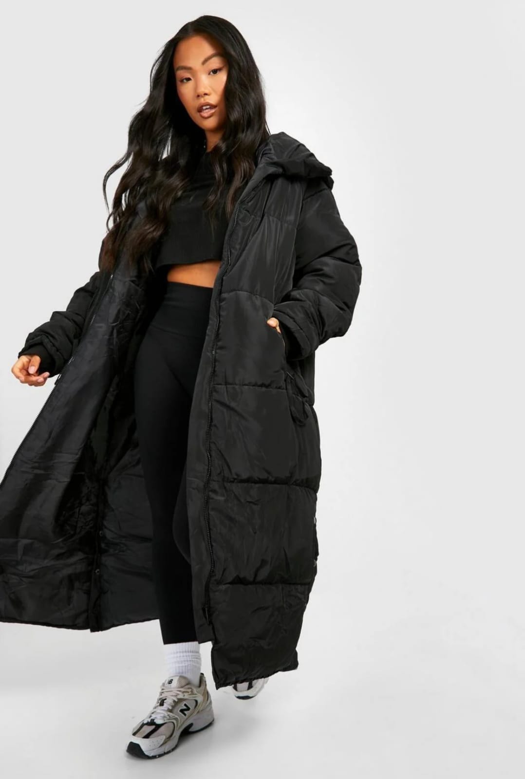 BLACK HOOD LONG LINE PUFFER JACKET