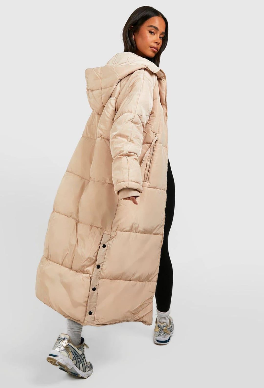 BEIGE HOOD LONG LINE PUFFER JACKET