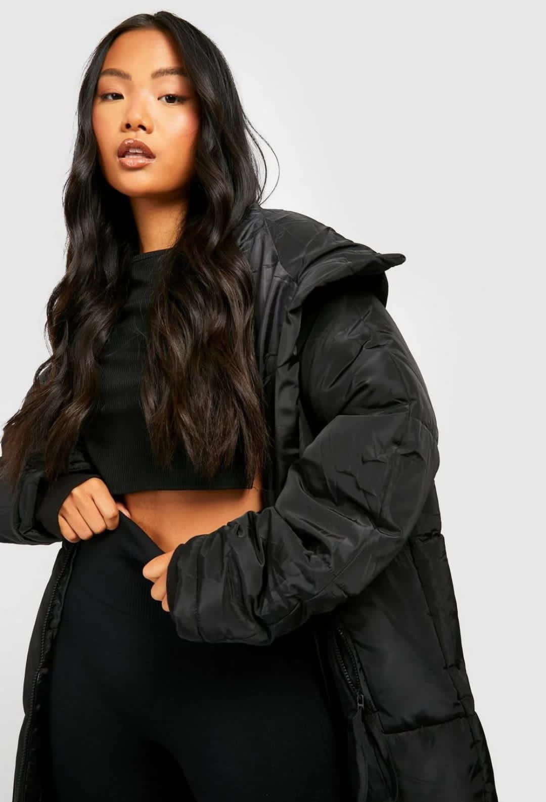 BLACK HOOD LONG LINE PUFFER JACKET