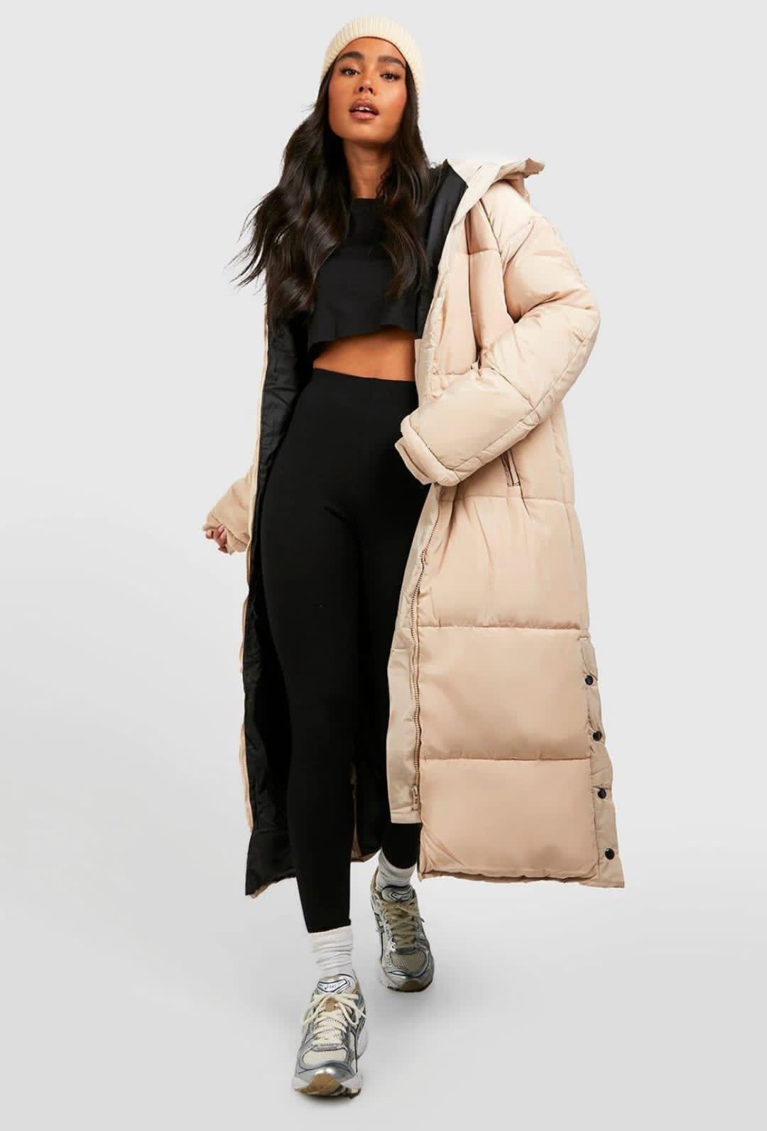 BEIGE HOOD LONG LINE PUFFER JACKET