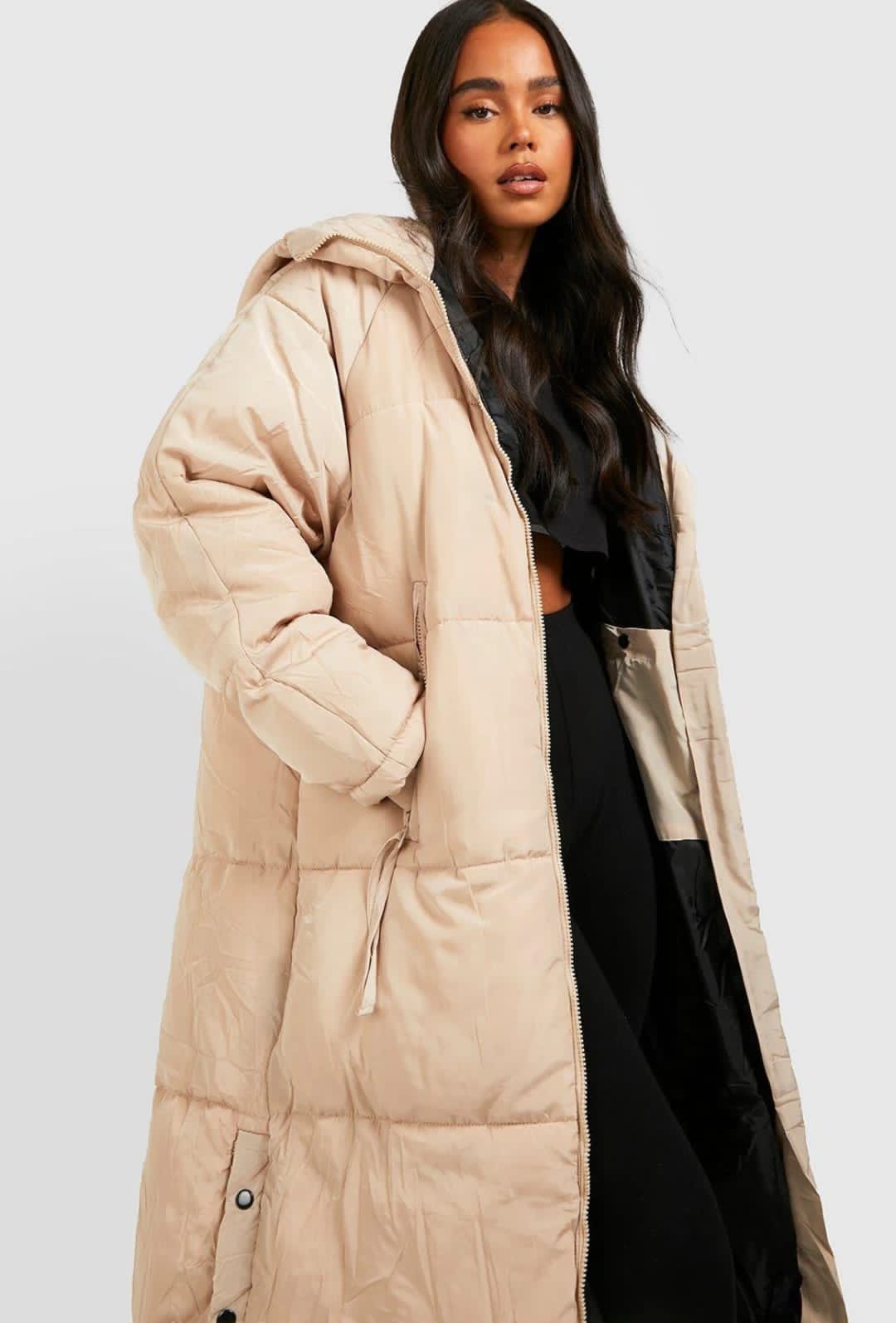 BEIGE HOOD LONG LINE PUFFER JACKET