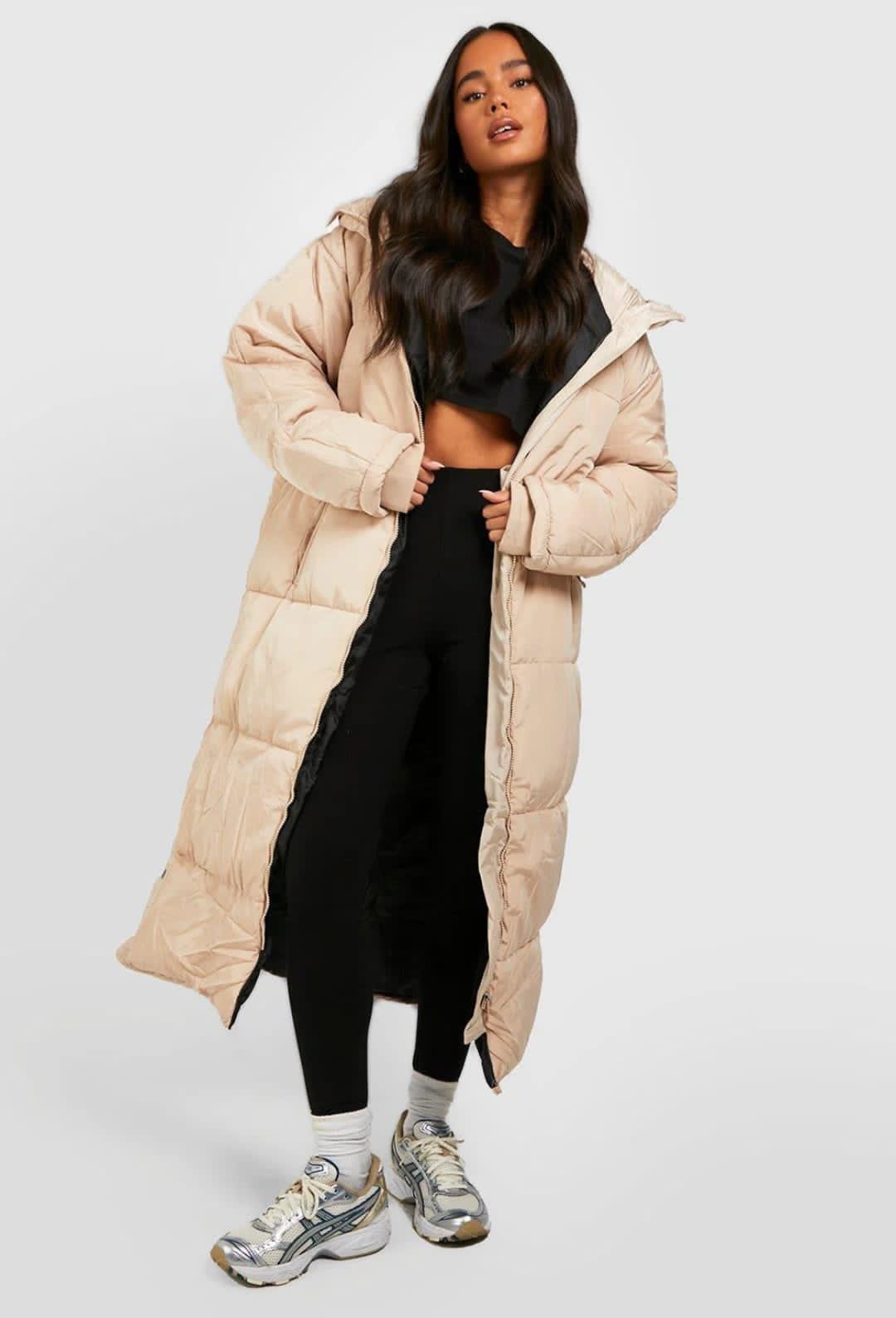 BEIGE HOOD LONG LINE PUFFER JACKET