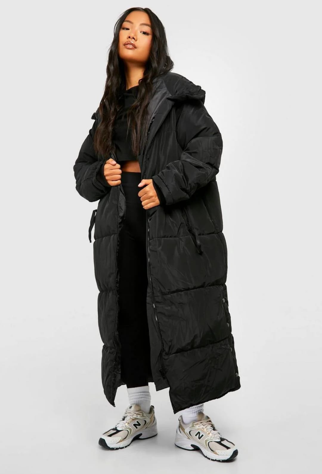 BLACK HOOD LONG LINE PUFFER JACKET