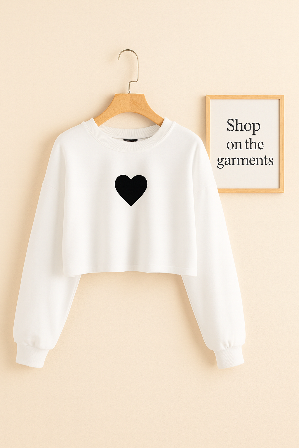 WHITE CROP SWEATSHIRT ( BLACK HEART IN CENTRE)