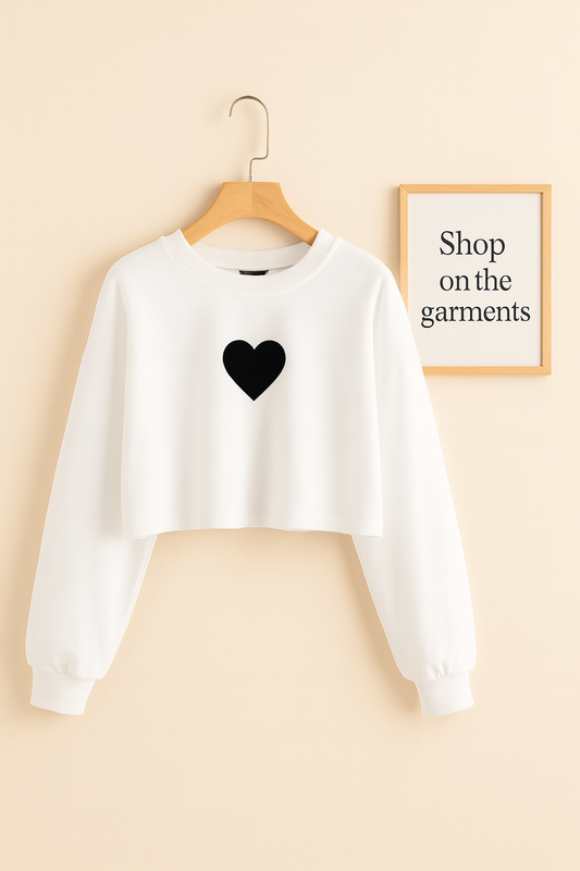 WHITE CROP SWEATSHIRT ( BLACK HEART IN CENTRE)