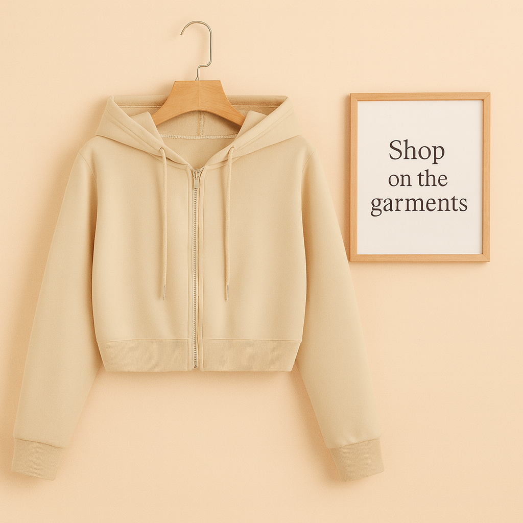 BEIGE CROP ZIPPER HOODIE