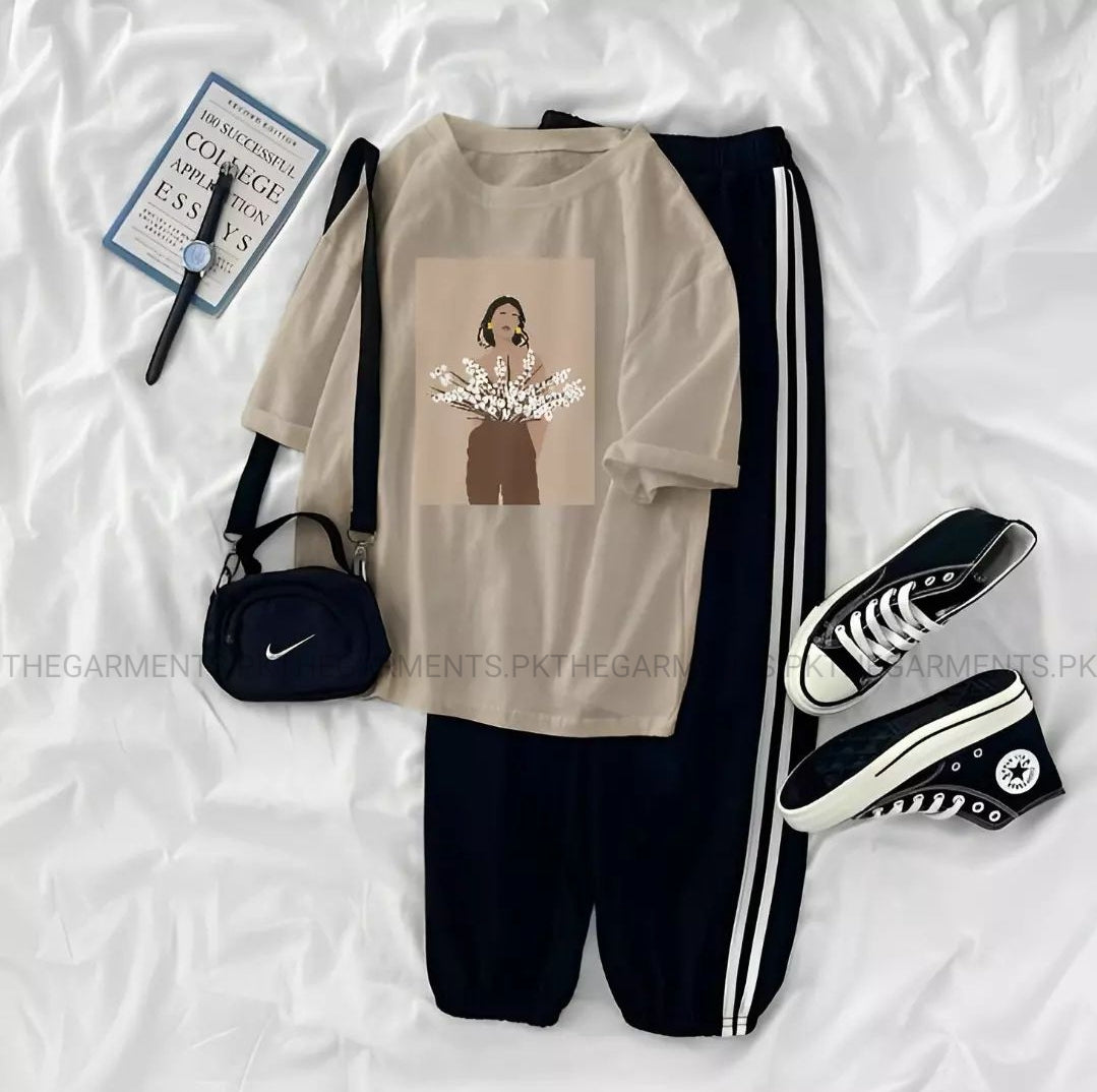 FLOWER GIRL CREAM TSHIRT WITH THREE STRIPE TROUSER