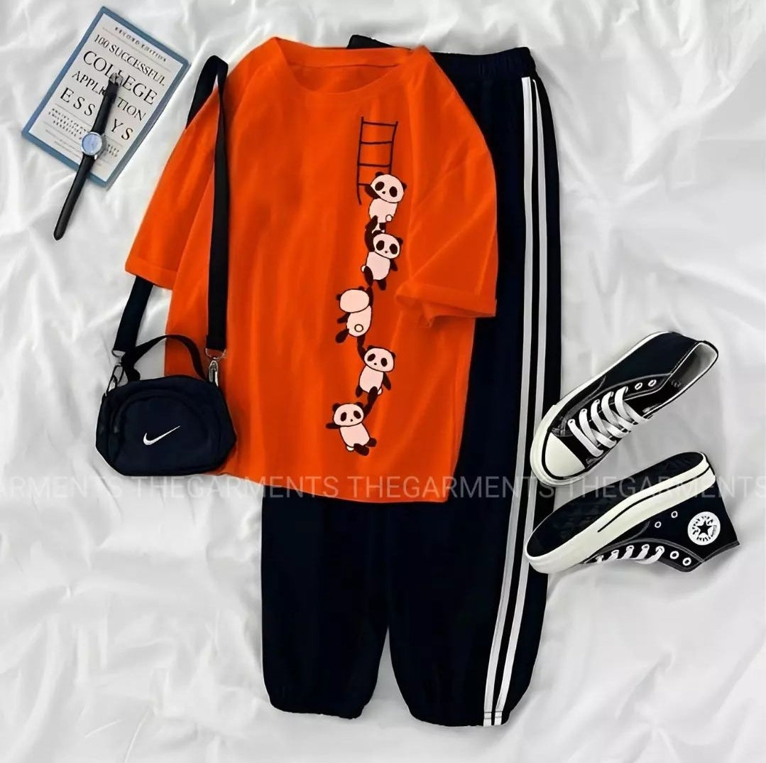 PANDA LADDER RED T-SHIRT WITH THREE STRIPE TROUSER