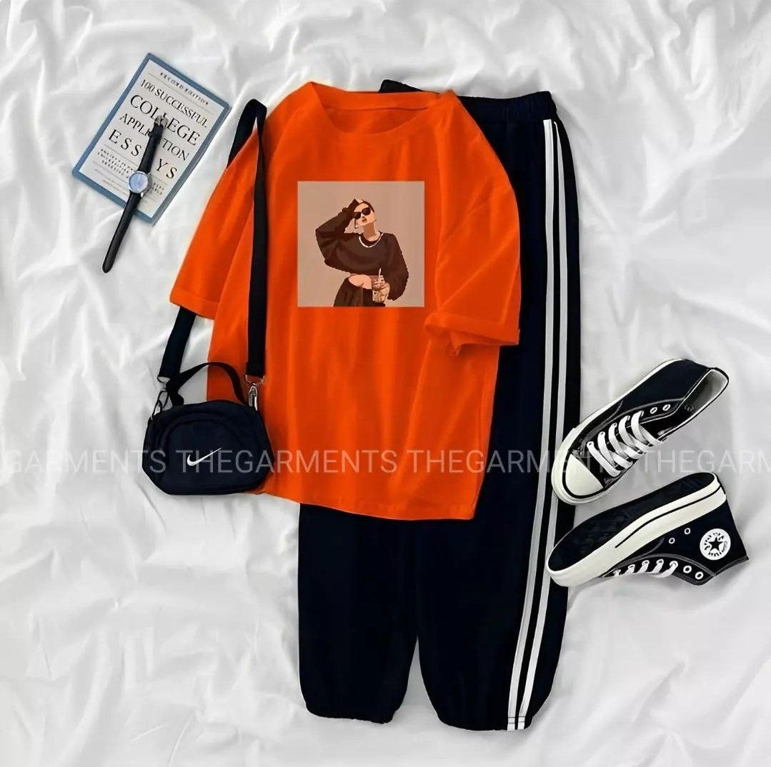 NECKLACE GIRL RED T-SHIRT WITH THREE STRIPE TROUSERS