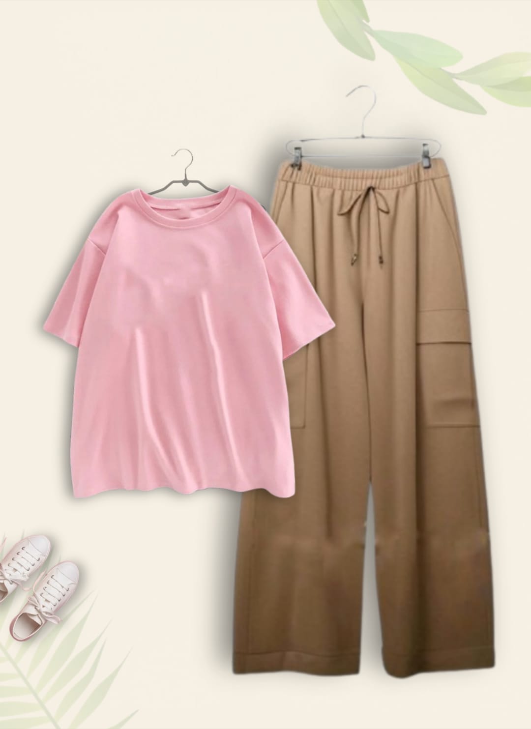 PLAIN PINK TSHIRT WITH BEIGE CARGO TROUSER