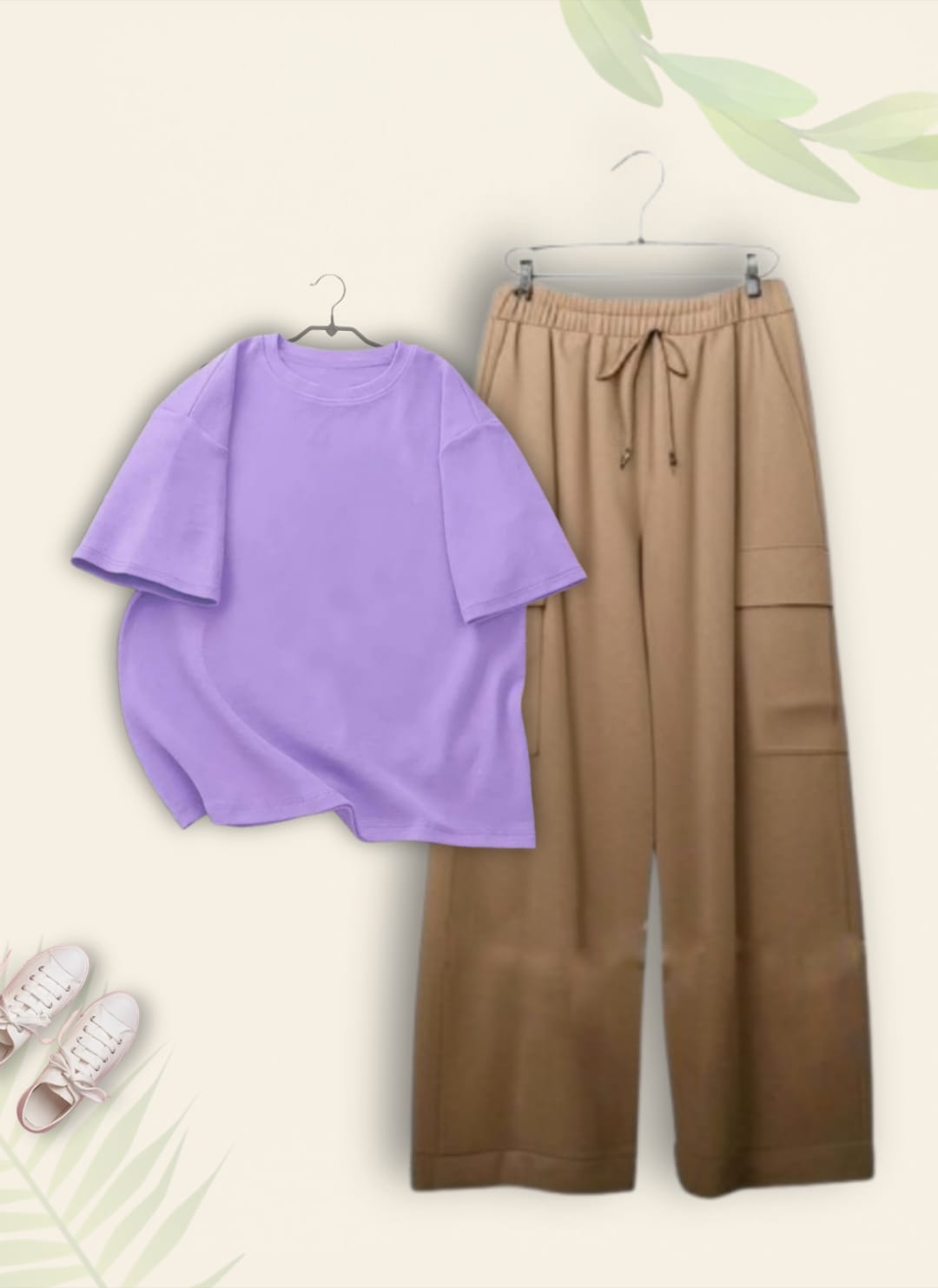 PLAIN LILAC TSHIRT WITH BEIGE CARGO TROUSER