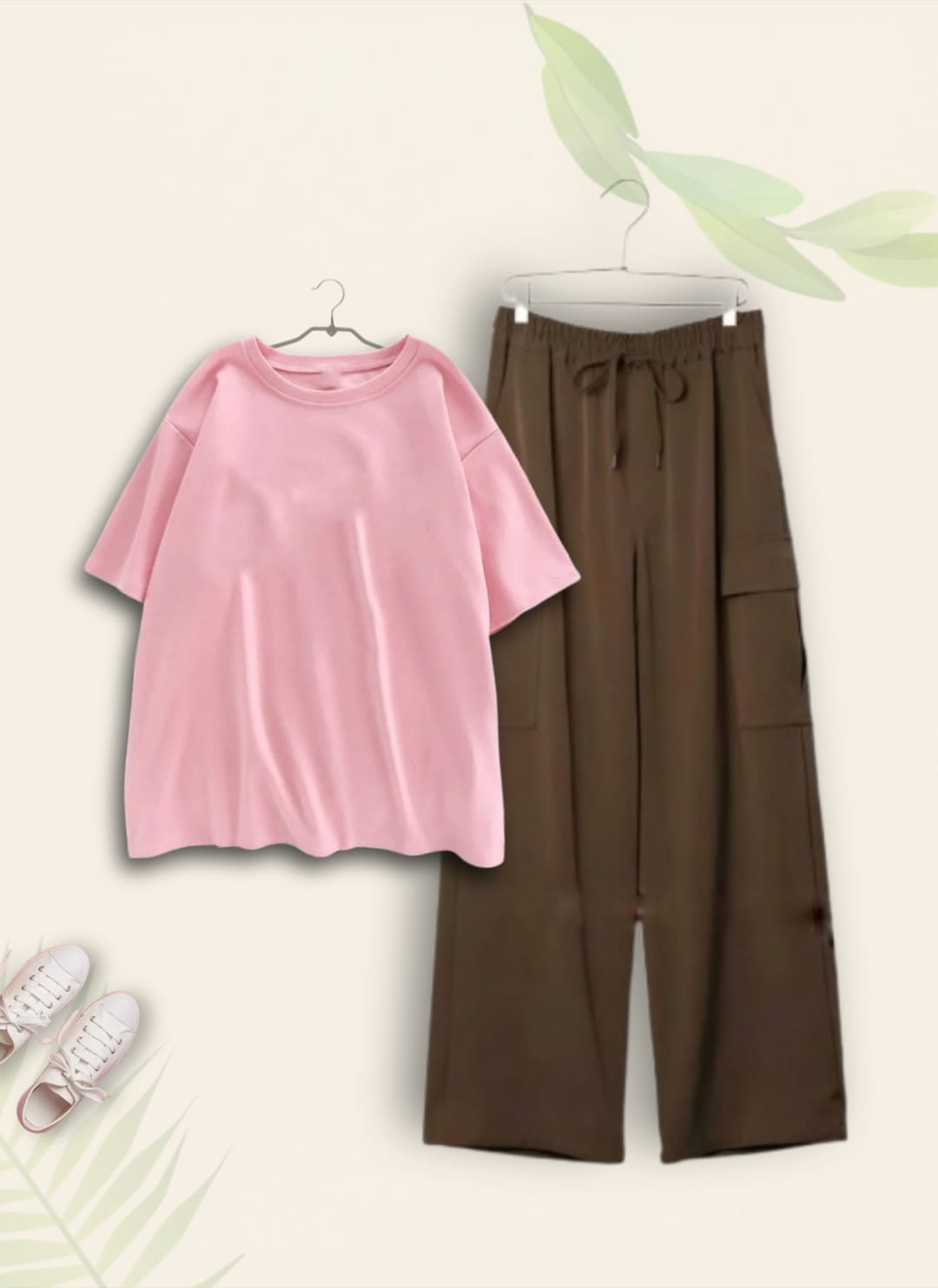 PLAIN PINK TSHIRT WITH BROWN CARGO TROUSER