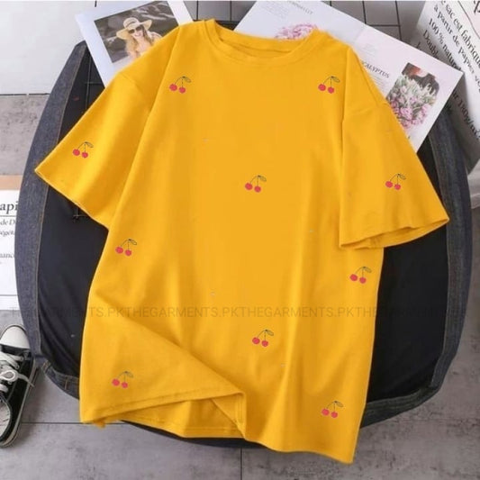 MUSTARD T-SHIRT ( RED CHERRIES ALL OVER)