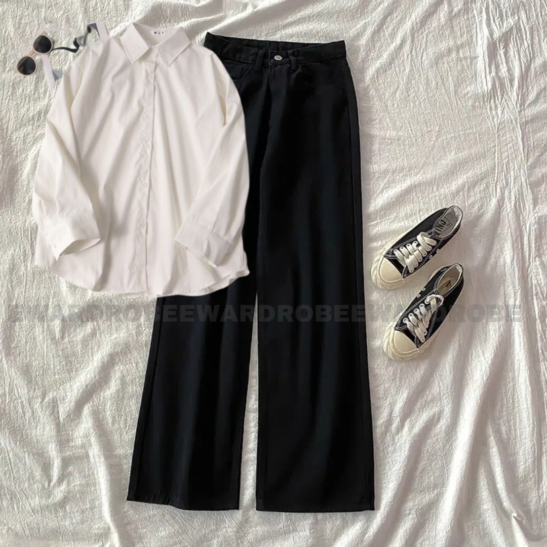 WHITE BUTTON DOWN SHIRT WITH BLACK WIDE LEG