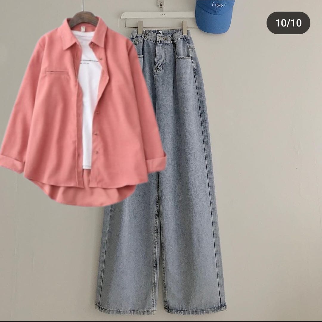 PINK BUTTON DOWN SHIRT WITH INNER AND WITH ICE BLUE WIDE LEG JEANS (3PCS)