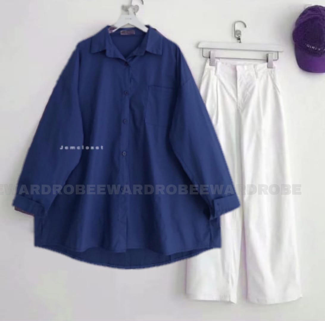 ROYAL BLUE BUTTON SHIRT WITH WHITE WIDE LEG JEANS