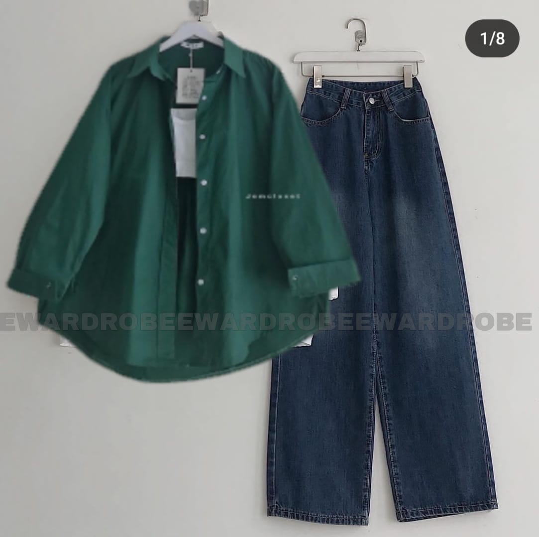 BOTTLE GREEN BUTTON SHIRT WITH DARK BLUE WIDE LEG JEANS