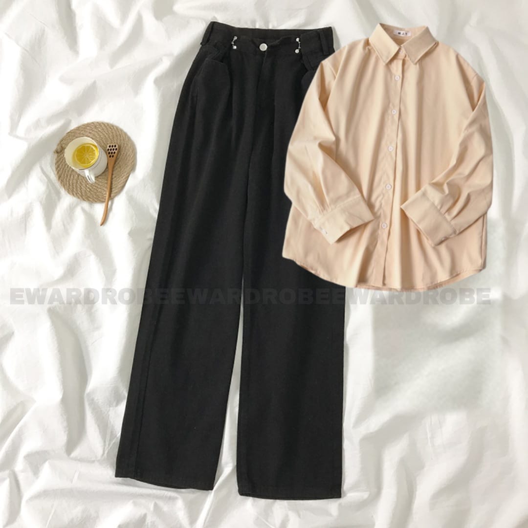 CREAM BUTTON DOWN SHIRT WITH BLACK WIDE LEG JEANS