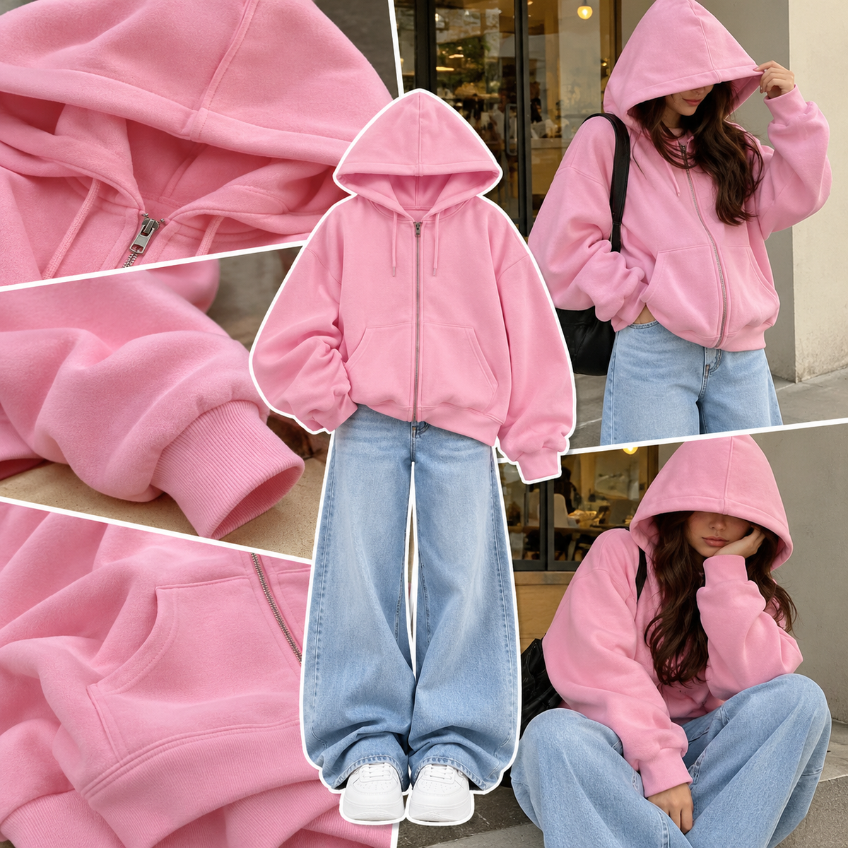 PINK ZIPPER HOODIE WITH SKY BLUE FADED WIDE LEG JEANS