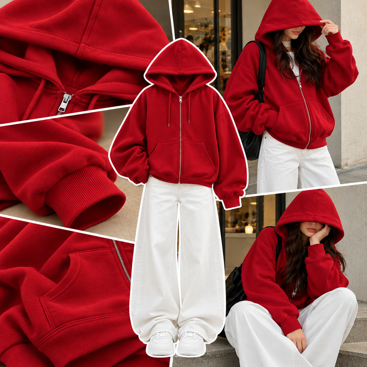 RED ZIPPER HOODIE WITH WHITE WIDE LEG JEANS