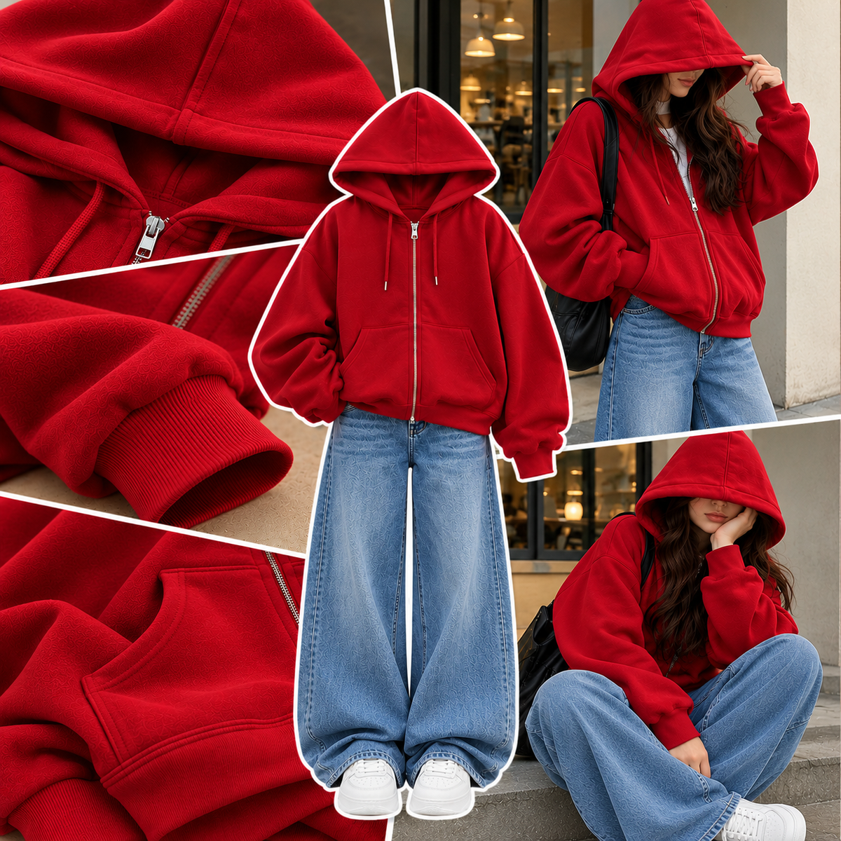 RED ZIPPER HOODIE WITH SKY BLUE FADED WIDE LEG JEANS