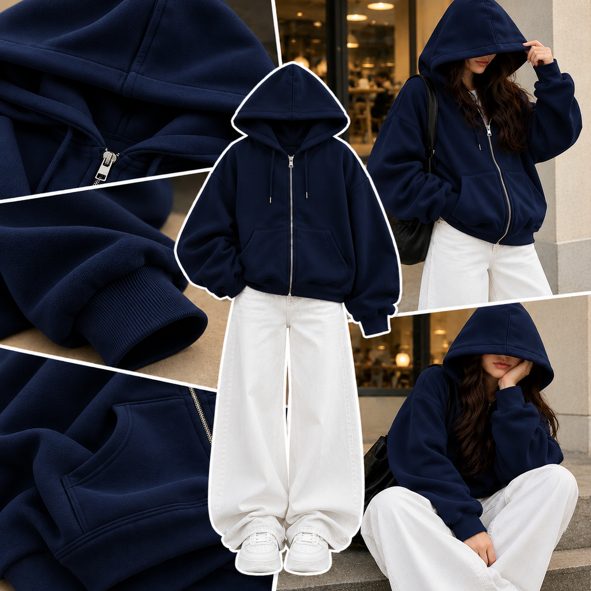 NAVY BLUE ZIPPER HOODIE WITH WHITE WIDE LEG JEANS