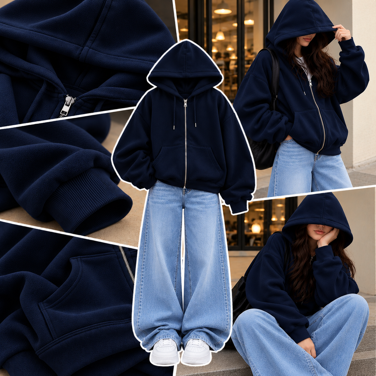 NAVY BLUE ZIPPER HOODIE WITH SKY BLUE FADED WIDE LEG JEANS