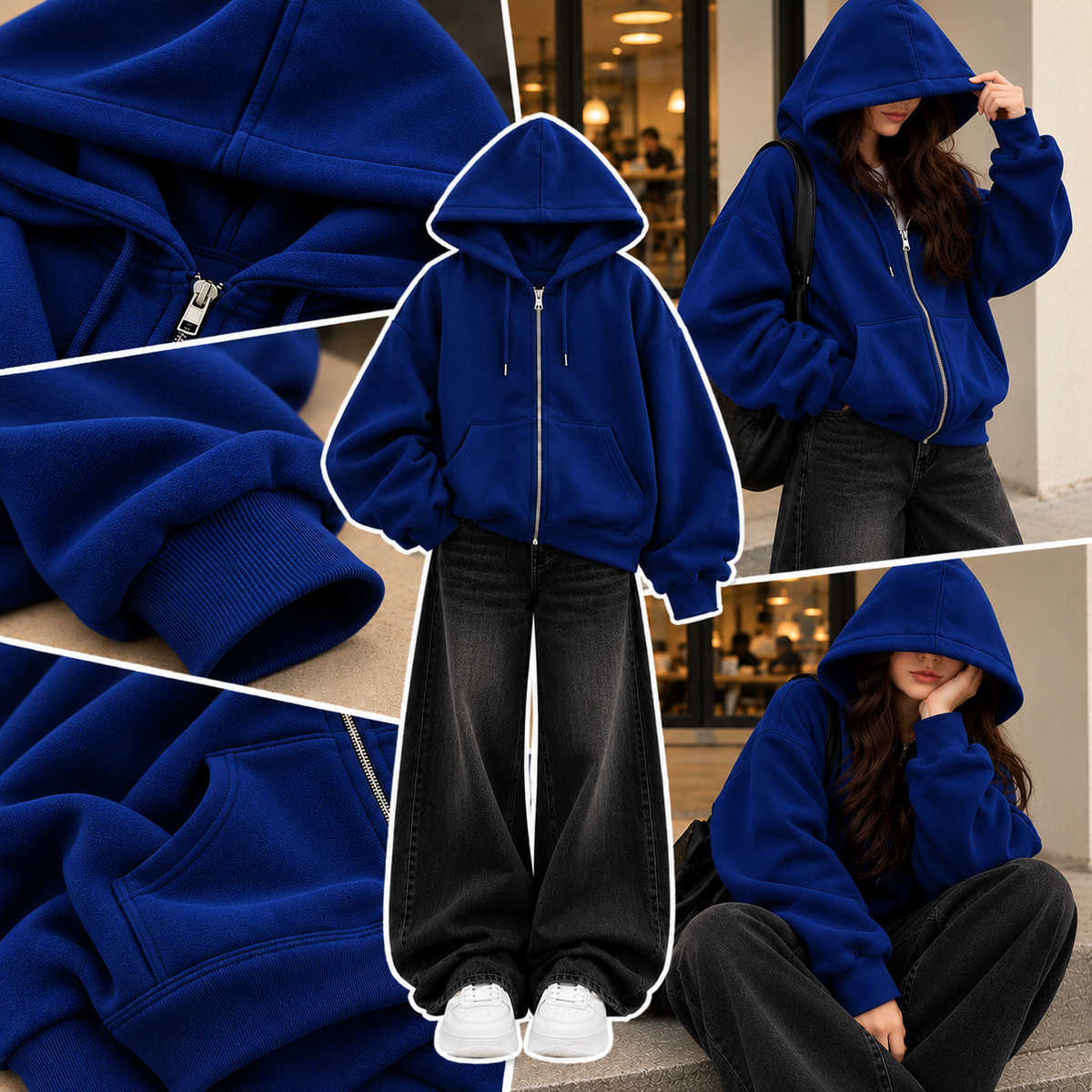 ROYAL BLUE ZIPPER HOODIE WITH BLACK FADED WIDE LEG JEANS