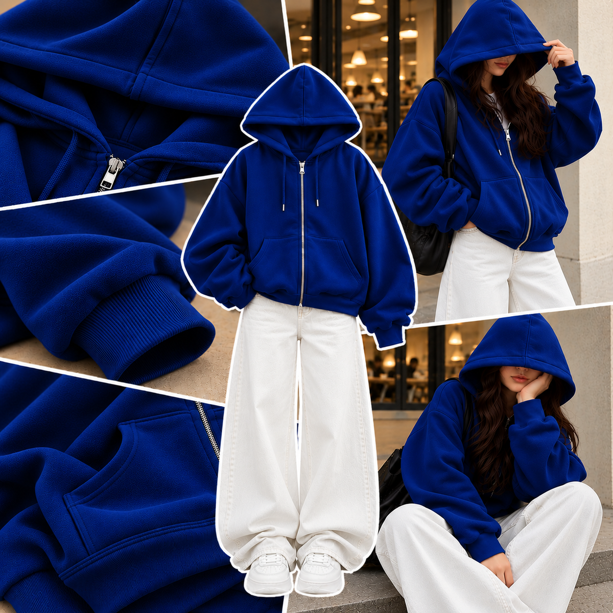 ROYAL BLUE ZIPPER HOODIE WITH WHITE WIDE LEG JEANS