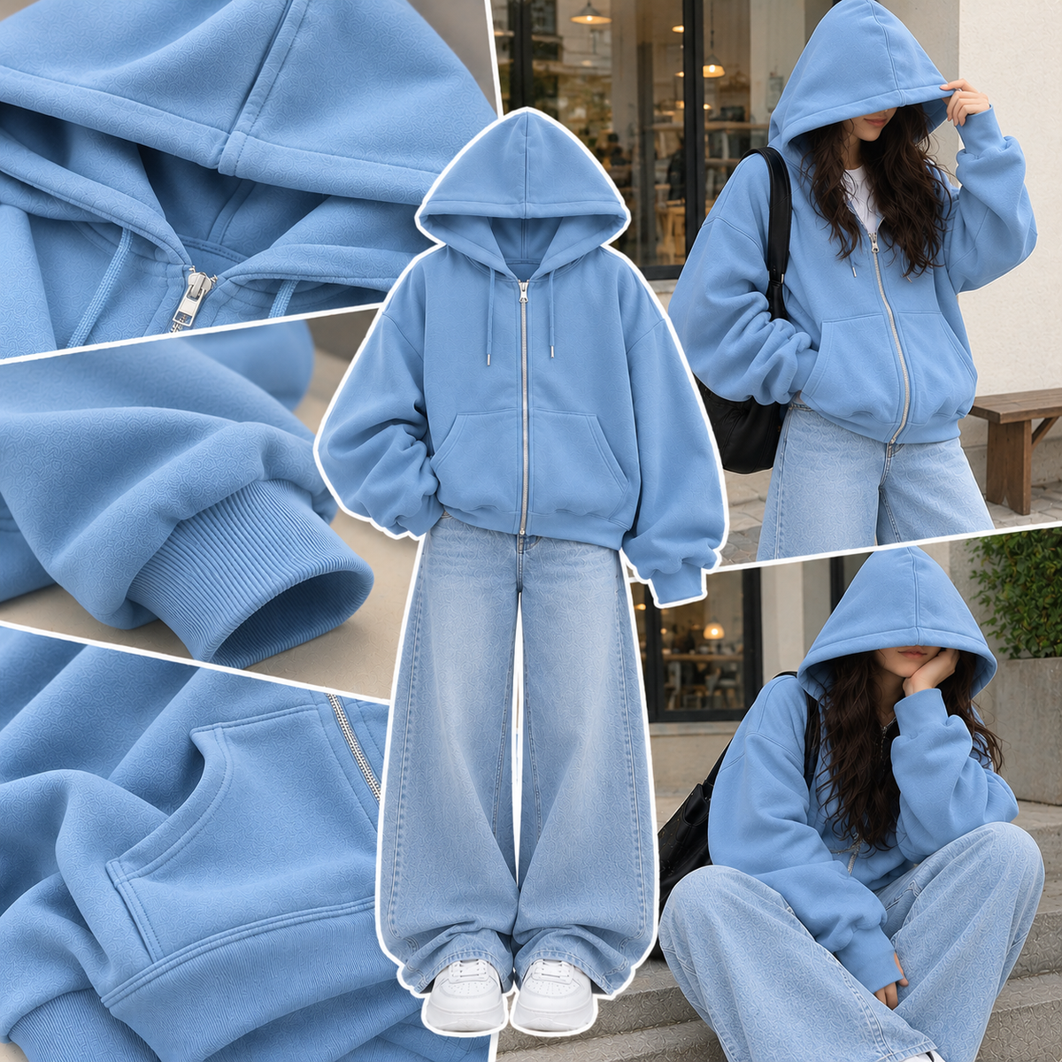 SKY BLUE ZIPPER HOODIE WITH SKY BLUE FADED WIDE LEG JEANS