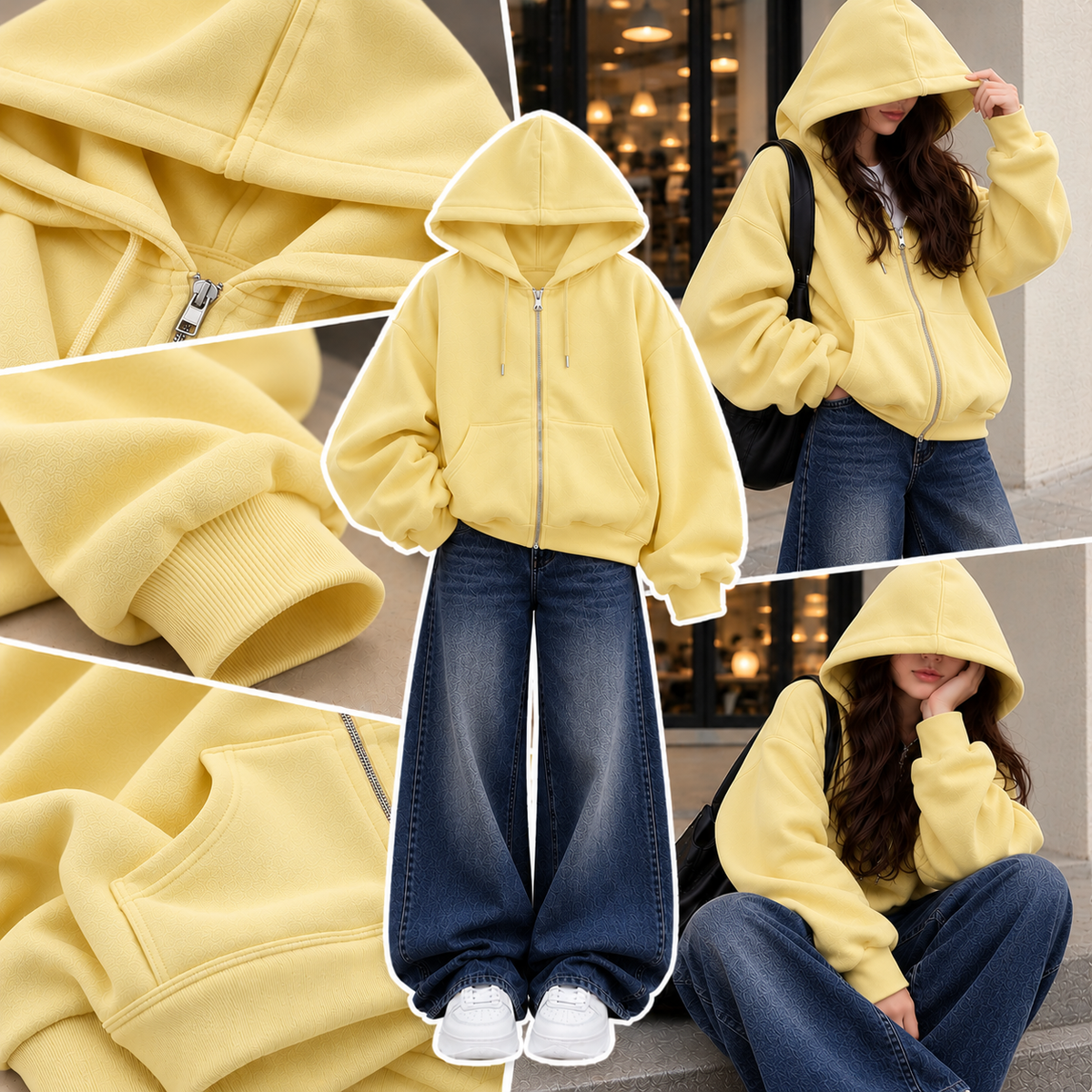 LIGHT YELLOW ZIPPER HOODIE WITH DARK BLUE FADED WIDE LEG JEANS