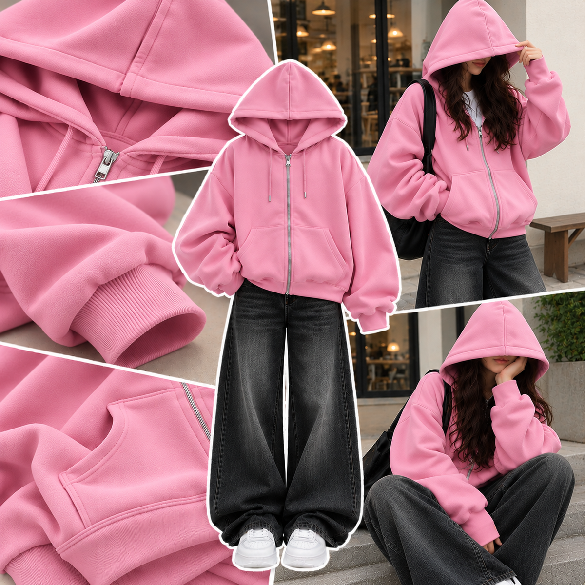 PINK ZIPPER HOODIE WITH BLACK FADED WIDE LEG JEANS