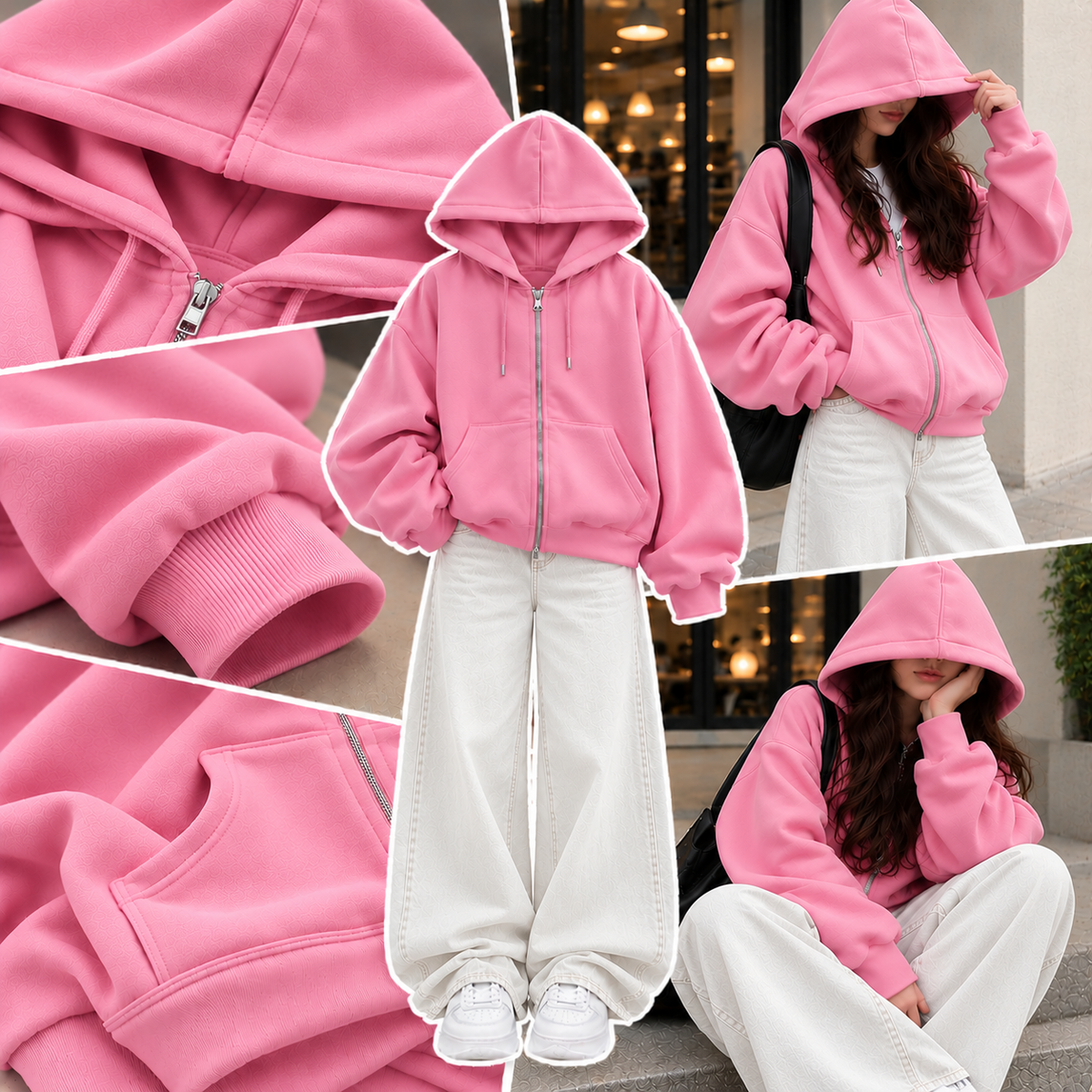 PINK ZIPPER HOODIE WITH WHITE WIDE LEG JEANS